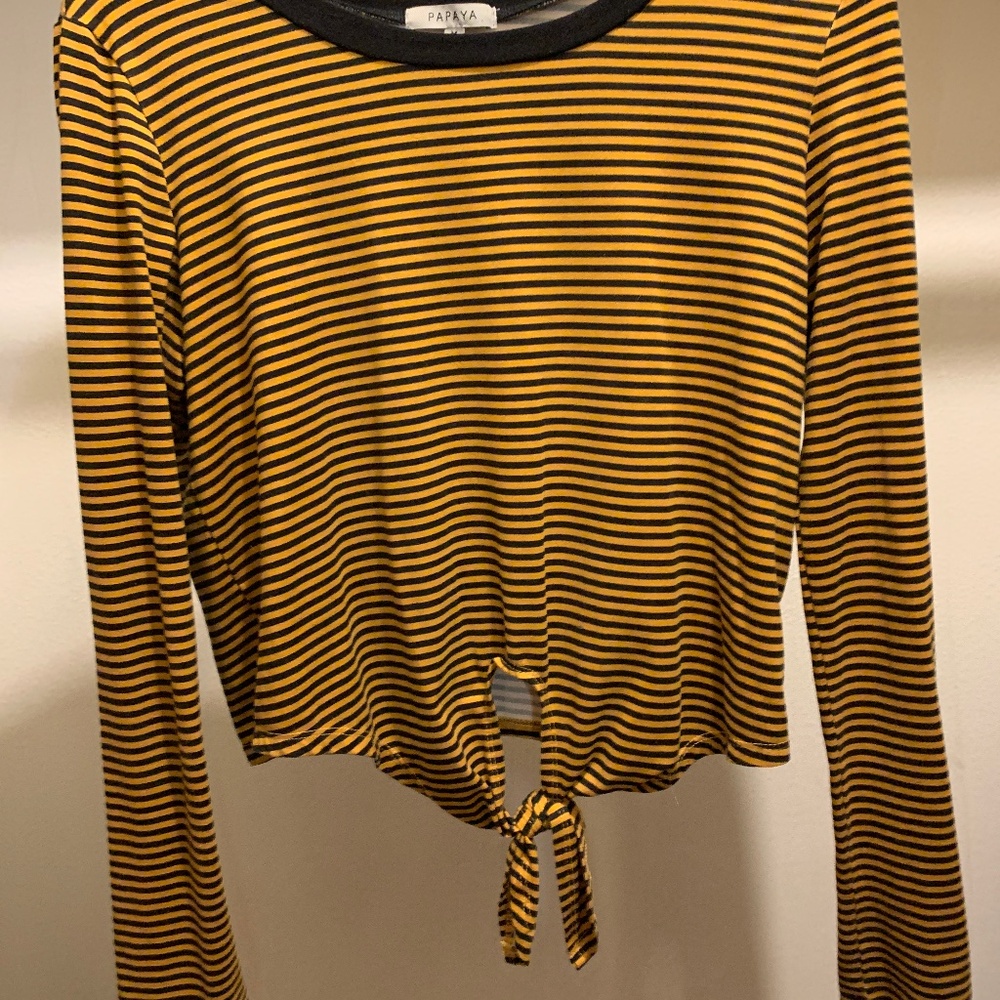 Striped orange and black cropped shirt with tie